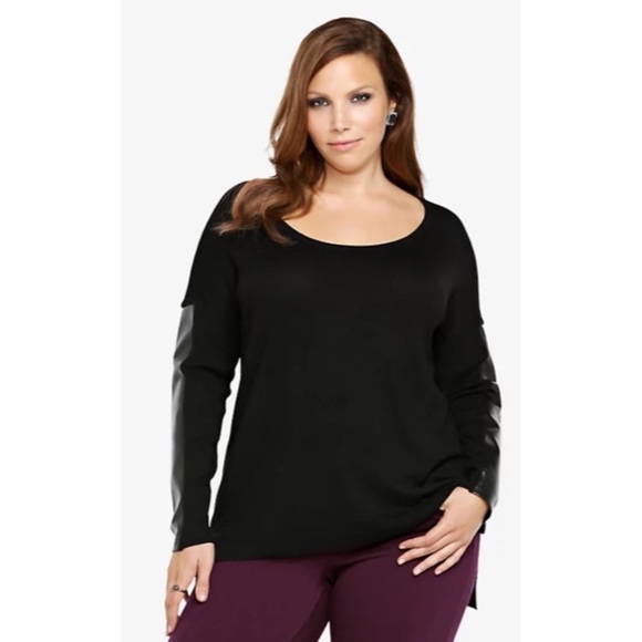 Torrid FAUX LEATHER SLEEVE SWEATER Black Pullover Long Sleeve Sz 0 (large) - Picture 1 of 11